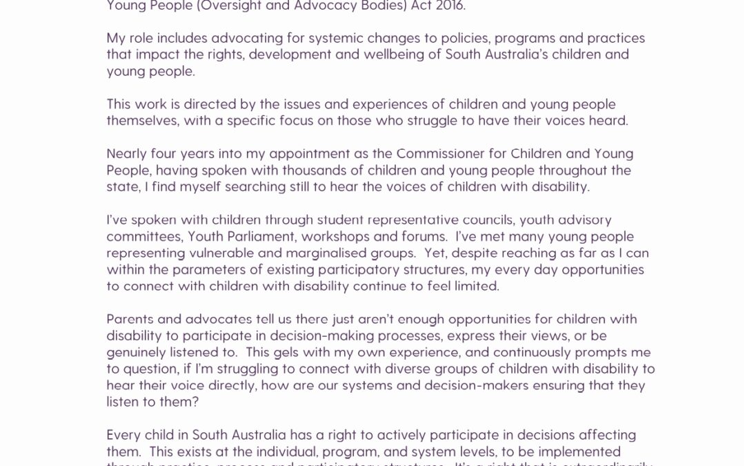 Submission to the Disability Royal Commission on Children and Young People with Disability – rights, Engagement and Empowerment, 2020