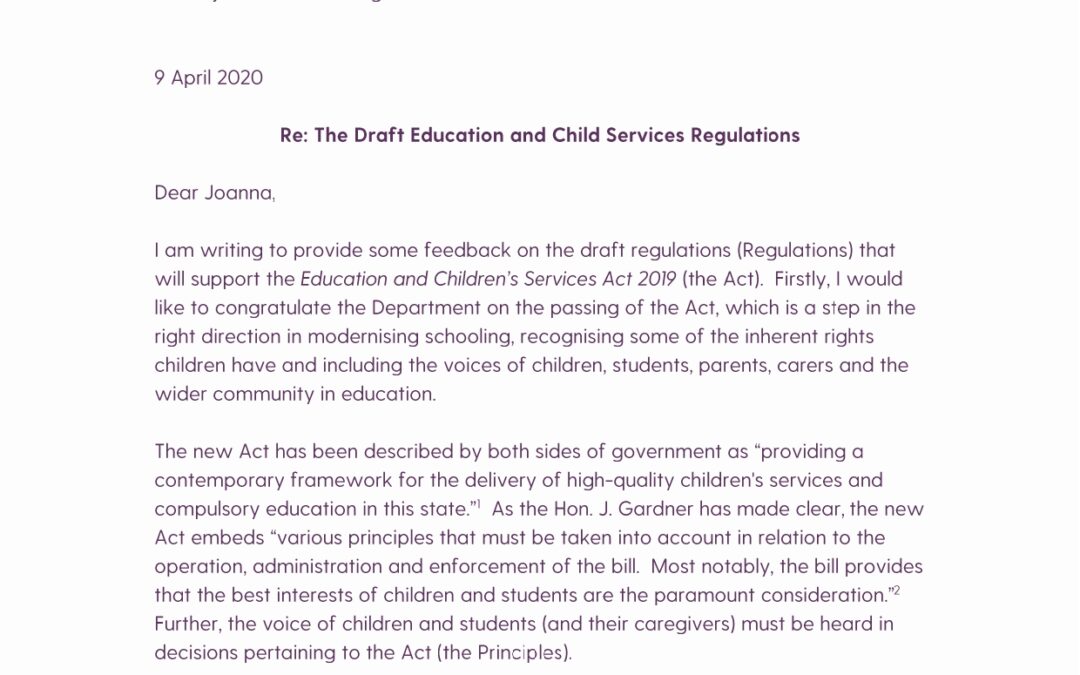 Submission on Draft Education & Child Services Regulations, 2020