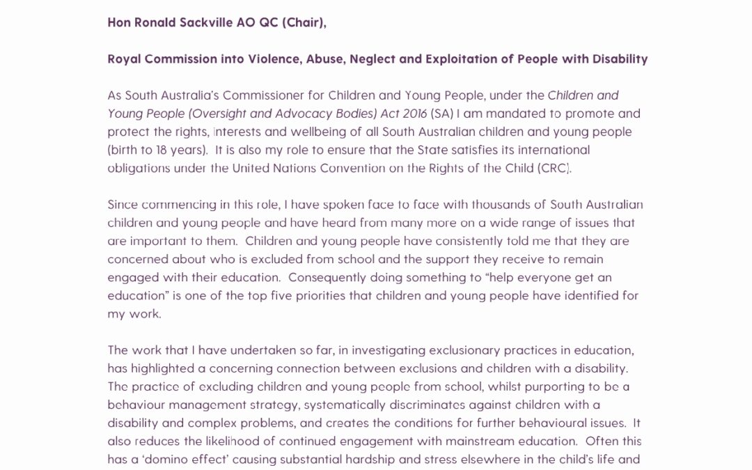 Submission on School Exclusions and Children with Disability, 2019