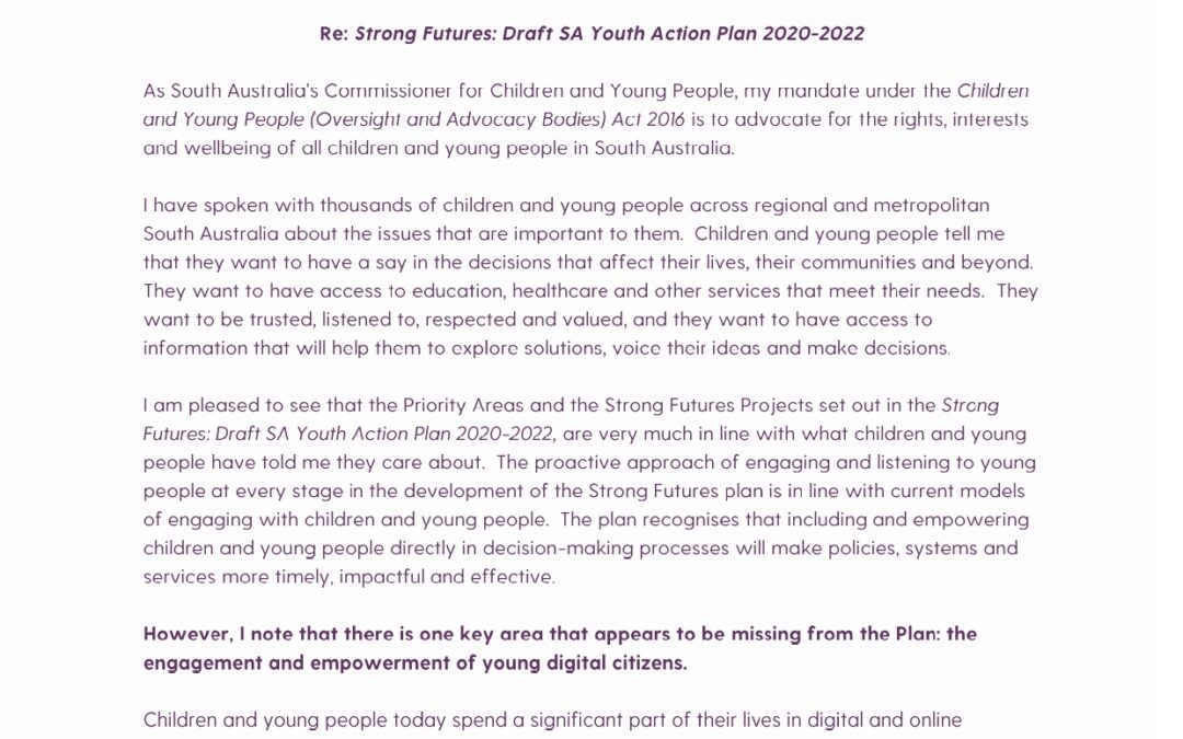 Submission on Strong Future – Draft Youth Action Plan 2020-2022