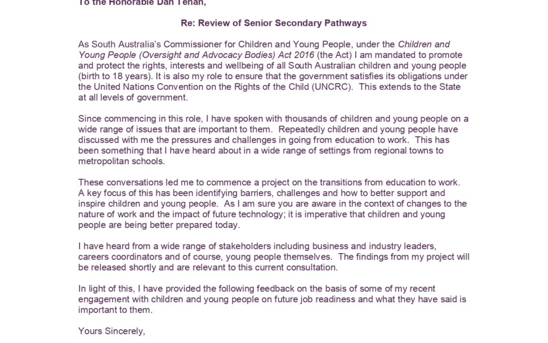 Submission on the Review of Senior Secondary Pathways, 2019