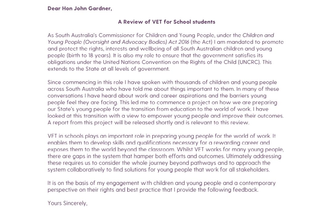 Submission on the Review of VET for SA School Students, 2019
